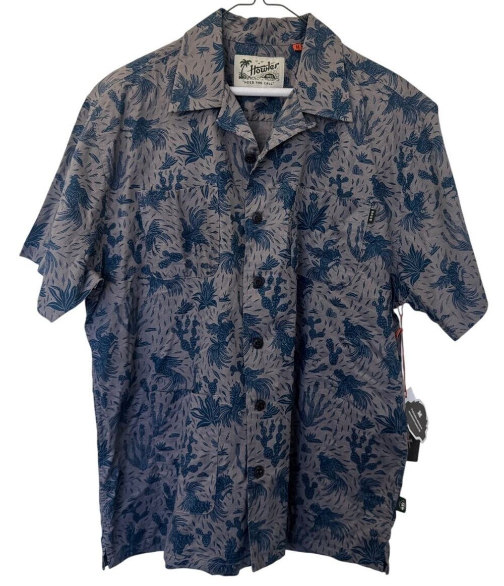 Howler Bros Rooster & Cactus Print Camp Collar Button Up Shirt Grey Blue NWT (M)